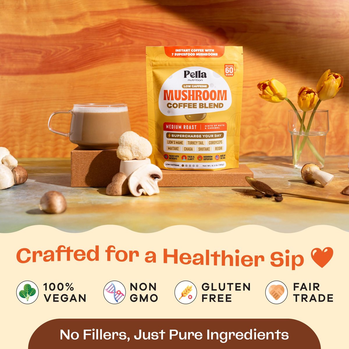 Koffeinarme Pilz-Kaffee-Mischung (60 Portionen) – Superfood Instantkaffee mit Löwenmähne, Reishi, Chaga, Cordyceps, Shiitake, Maitake und Truthahnschwanzpilzen