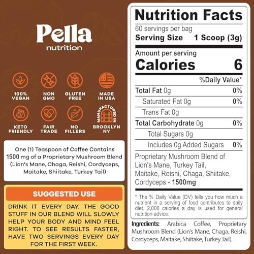 Koffeinarme Pilz-Kaffee-Mischung (60 Portionen) – Superfood Instantkaffee mit Löwenmähne, Reishi, Chaga, Cordyceps, Shiitake, Maitake und Truthahnschwanzpilzen