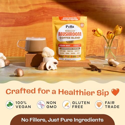 Koffeinarme Pilz-Kaffee-Mischung (60 Portionen) – Superfood Instantkaffee mit Löwenmähne, Reishi, Chaga, Cordyceps, Shiitake, Maitake und Truthahnschwanzpilzen