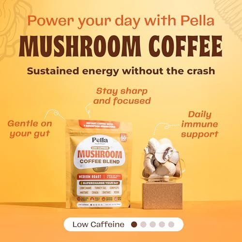 Koffeinarme Pilz-Kaffee-Mischung (60 Portionen) – Superfood Instantkaffee mit Löwenmähne, Reishi, Chaga, Cordyceps, Shiitake, Maitake und Truthahnschwanzpilzen