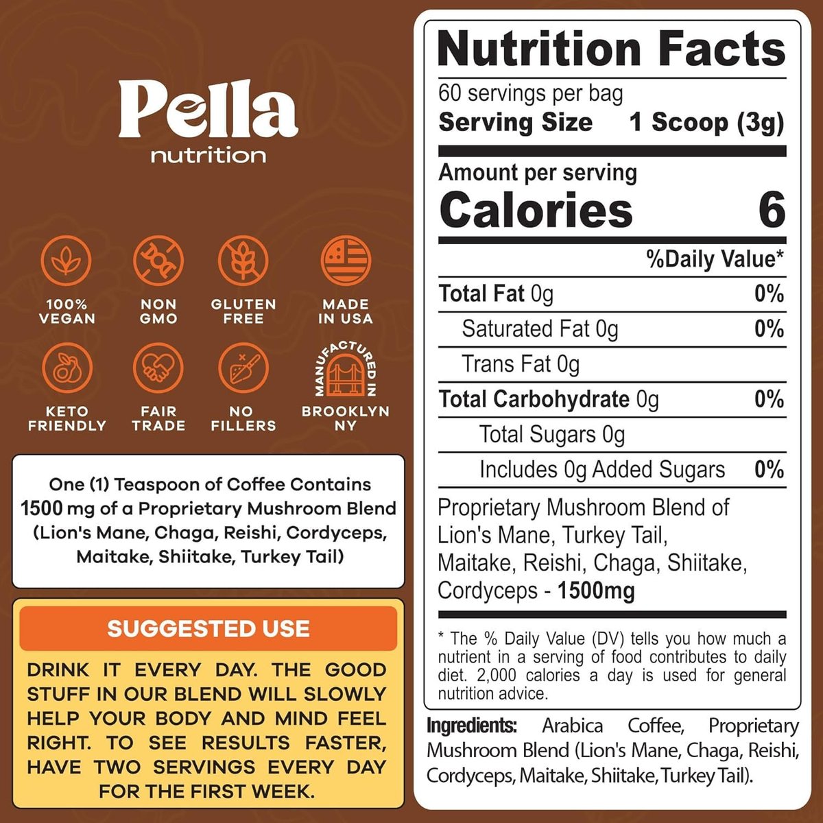 Koffeinarme Pilz-Kaffee-Mischung (60 Portionen) – Superfood Instantkaffee mit Löwenmähne, Reishi, Chaga, Cordyceps, Shiitake, Maitake und Truthahnschwanzpilzen