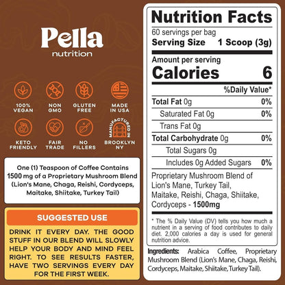 Koffeinarme Pilz-Kaffee-Mischung (60 Portionen) – Superfood Instantkaffee mit Löwenmähne, Reishi, Chaga, Cordyceps, Shiitake, Maitake und Truthahnschwanzpilzen