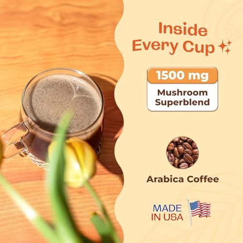 Koffeinarme Pilz-Kaffee-Mischung (60 Portionen) – Superfood Instantkaffee mit Löwenmähne, Reishi, Chaga, Cordyceps, Shiitake, Maitake und Truthahnschwanzpilzen