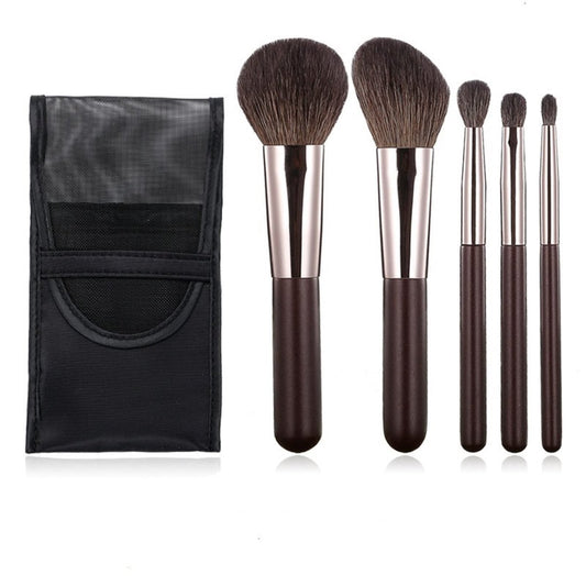 Reise-Make-up-Pinselset mit Tasche, 5-teiliges professionelles Premium-Ziegenhaar-Kosmetikpinsel-Set für Puder, Rouge, Concealer, Contouring und Highlighting
