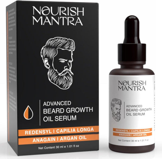 NOURISH MANTRA - Fortschrittliches Bartöl-Serum für volleres, dichteres und gesünderes Bartwachstum | Mit Redensyl, Capilia Longa, Arganöl, Vitamin E und Jojobaöl | Bartöl für Männer | 30 ml