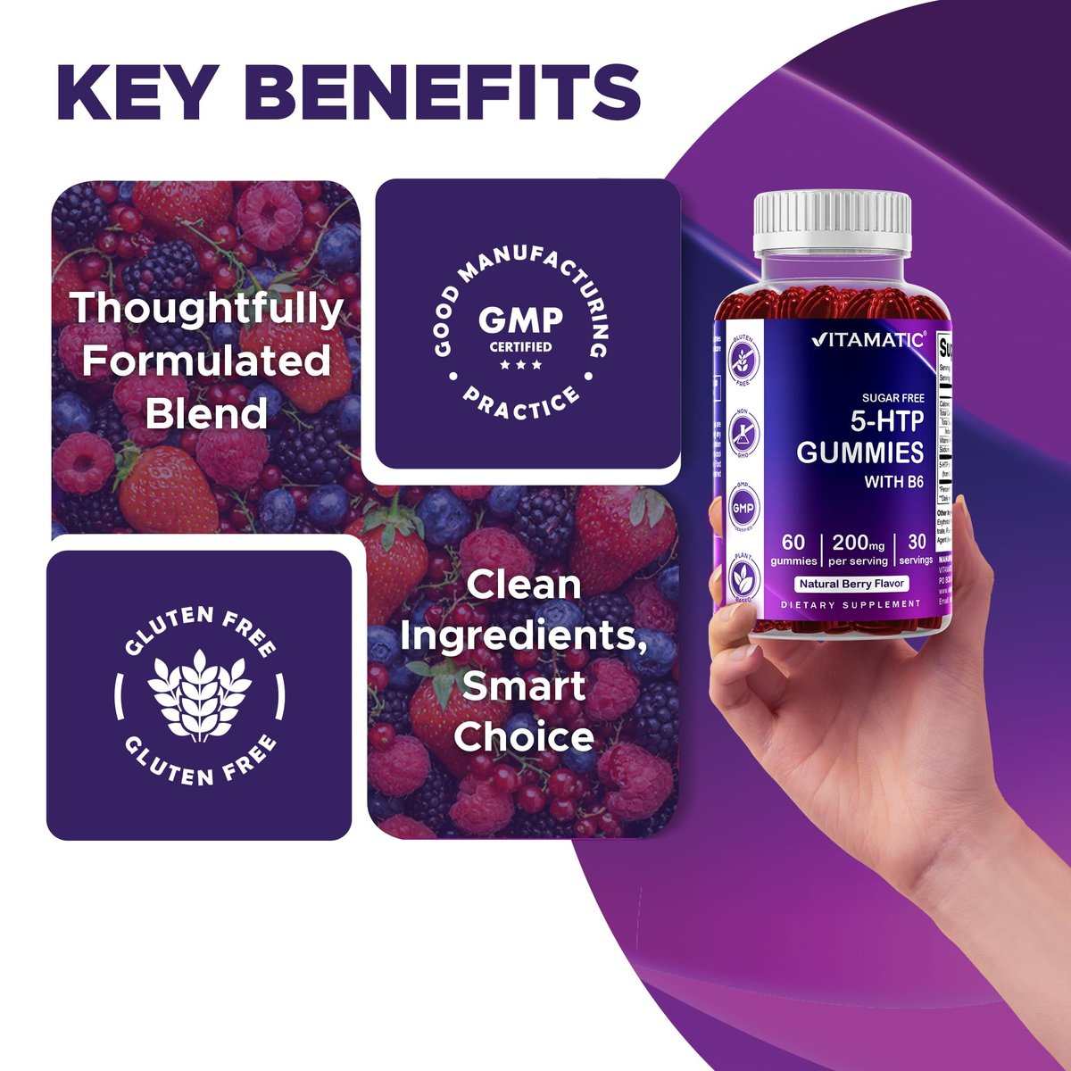 Vitamatic Zuckerfreie 5-HTP 200mg Gummibärchen mit B6 – 60 Stück, auf Pektinbasis – Stimmungsunterstützung & Stressabbau