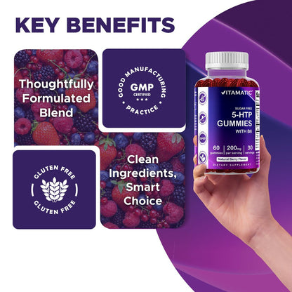 Vitamatic Zuckerfreie 5-HTP 200mg Gummibärchen mit B6 – 60 Stück, auf Pektinbasis – Stimmungsunterstützung & Stressabbau