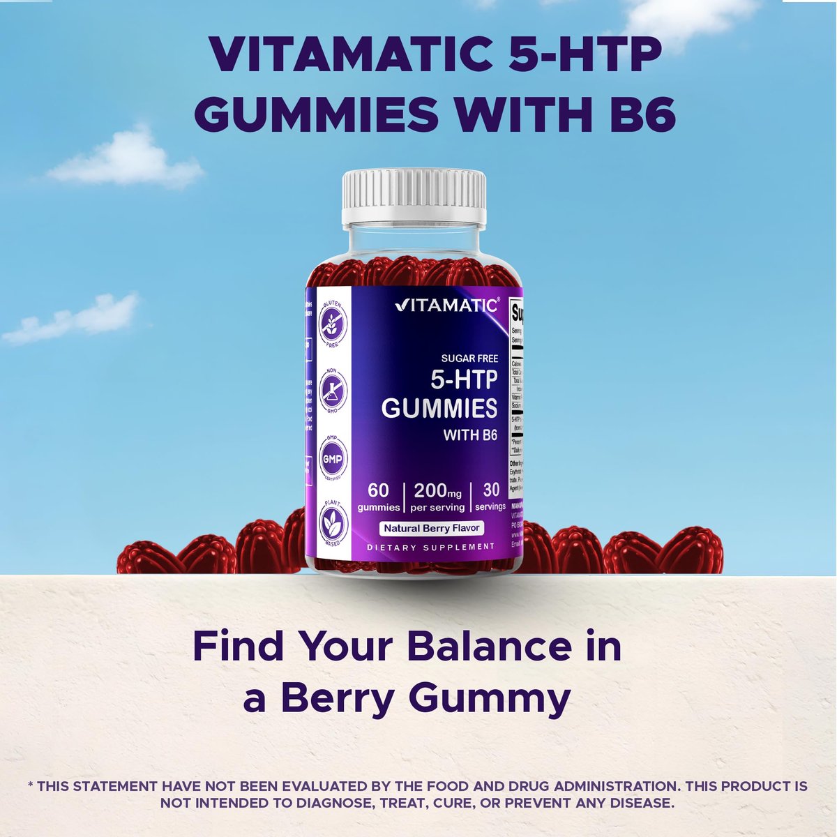 Vitamatic Zuckerfreie 5-HTP 200mg Gummibärchen mit B6 – 60 Stück, auf Pektinbasis – Stimmungsunterstützung & Stressabbau