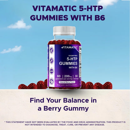 Vitamatic Zuckerfreie 5-HTP 200mg Gummibärchen mit B6 – 60 Stück, auf Pektinbasis – Stimmungsunterstützung & Stressabbau