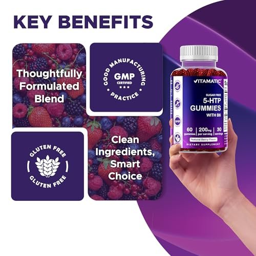 Vitamatic Zuckerfreie 5-HTP 200mg Gummibärchen mit B6 – 60 Stück, auf Pektinbasis – Stimmungsunterstützung & Stressabbau
