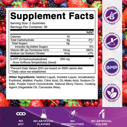 Vitamatic Zuckerfreie 5-HTP 200mg Gummibärchen mit B6 – 60 Stück, auf Pektinbasis – Stimmungsunterstützung & Stressabbau