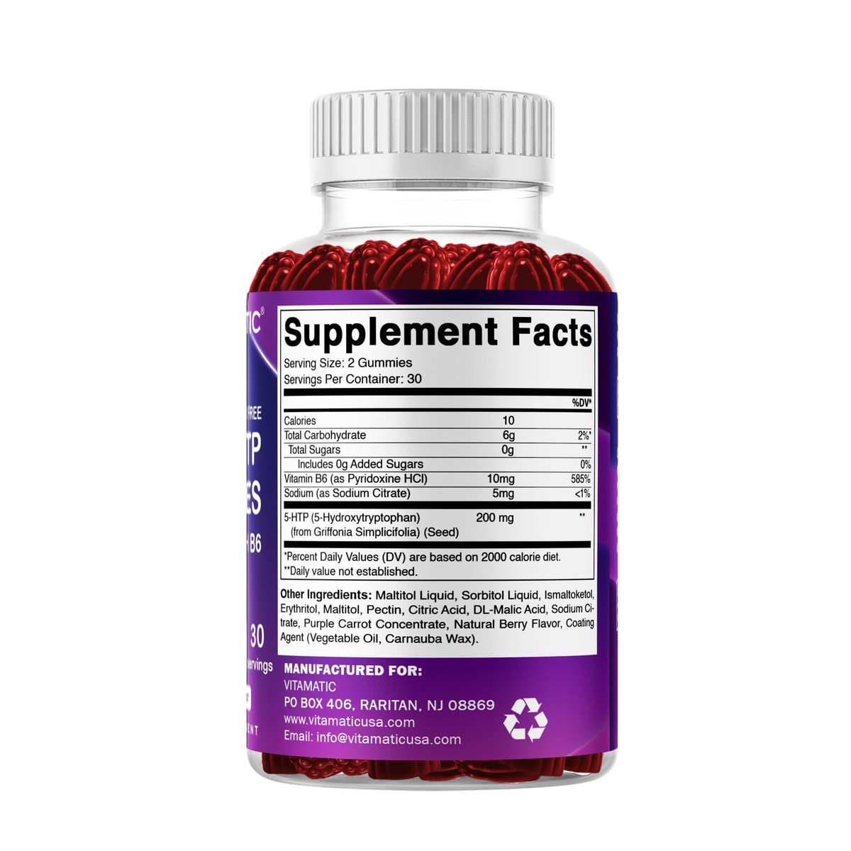 Vitamatic Zuckerfreie 5-HTP 200mg Gummibärchen mit B6 – 60 Stück, auf Pektinbasis – Stimmungsunterstützung & Stressabbau