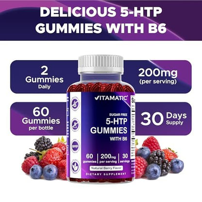 Vitamatic Zuckerfreie 5-HTP 200mg Gummibärchen mit B6 – 60 Stück, auf Pektinbasis – Stimmungsunterstützung & Stressabbau