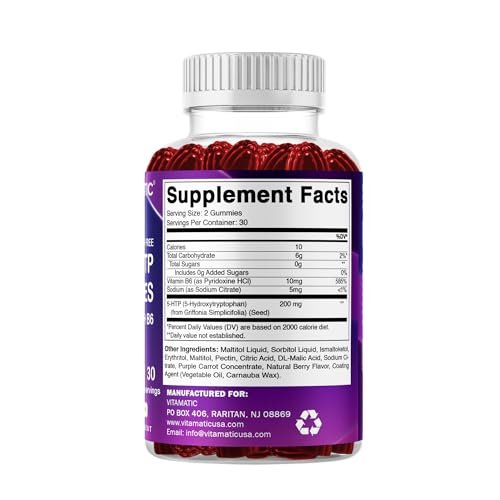 Vitamatic Zuckerfreie 5-HTP 200mg Gummibärchen mit B6 – 60 Stück, auf Pektinbasis – Stimmungsunterstützung & Stressabbau
