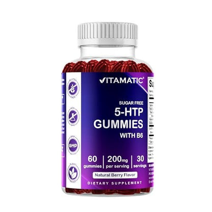Vitamatic Zuckerfreie 5-HTP 200mg Gummibärchen mit B6 – 60 Stück, auf Pektinbasis – Stimmungsunterstützung & Stressabbau