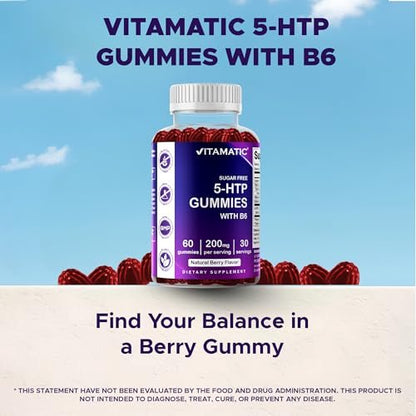 Vitamatic Zuckerfreie 5-HTP 200mg Gummibärchen mit B6 – 60 Stück, auf Pektinbasis – Stimmungsunterstützung & Stressabbau