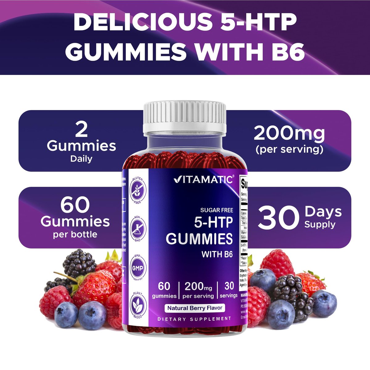 Vitamatic Zuckerfreie 5-HTP 200mg Gummibärchen mit B6 – 60 Stück, auf Pektinbasis – Stimmungsunterstützung & Stressabbau