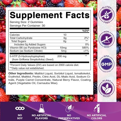 Vitamatic Zuckerfreie 5-HTP 200mg Gummibärchen mit B6 – 60 Stück, auf Pektinbasis – Stimmungsunterstützung & Stressabbau