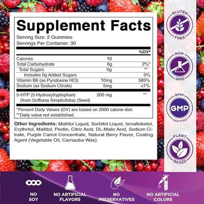 Vitamatic Zuckerfreie 5-HTP 200mg Gummibärchen mit B6 – 60 Stück, auf Pektinbasis – Stimmungsunterstützung & Stressabbau