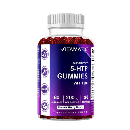 Vitamatic Zuckerfreie 5-HTP 200mg Gummibärchen mit B6 – 60 Stück, auf Pektinbasis – Stimmungsunterstützung & Stressabbau