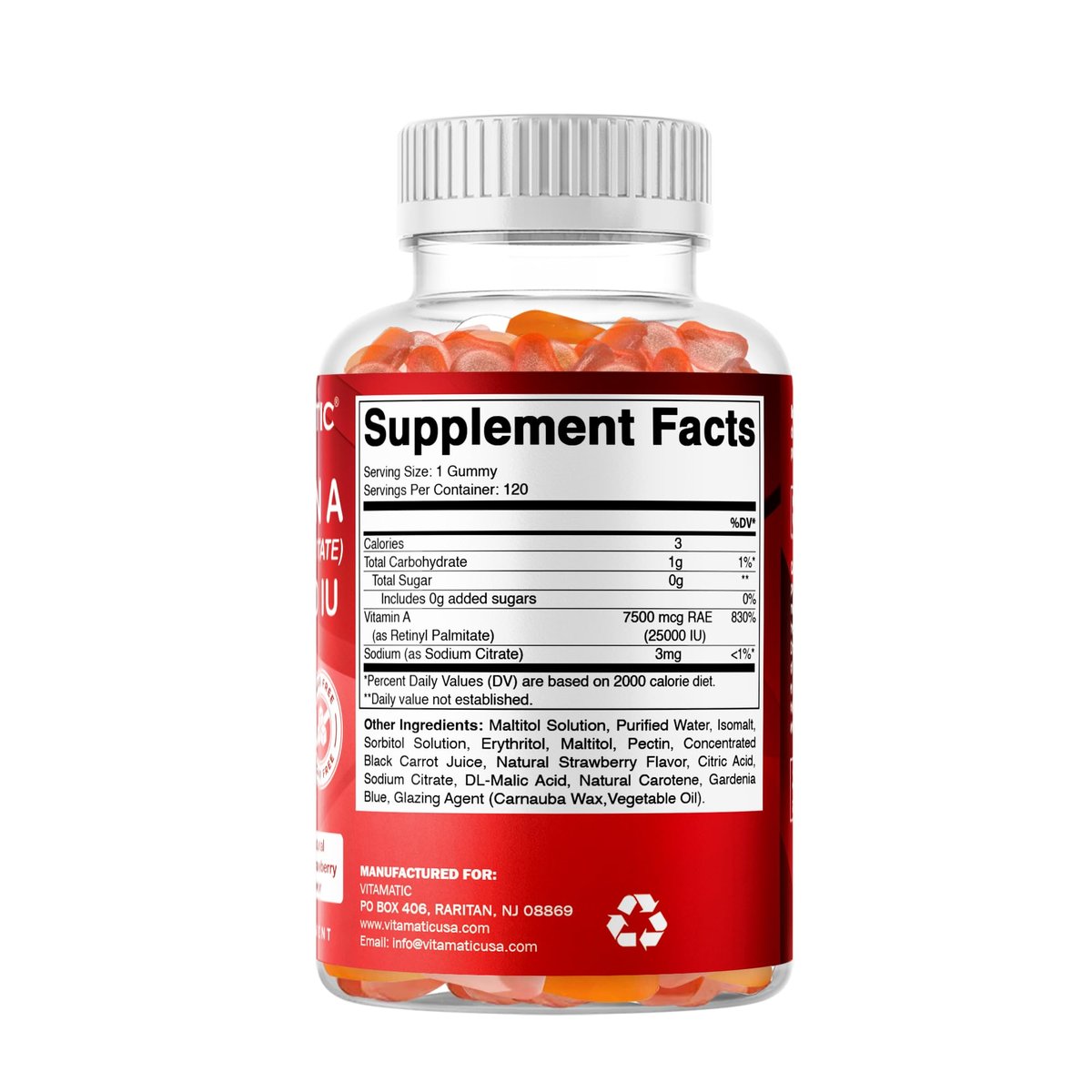 Vitamatic Vitamin A 25.000 IE Gummibärchen – Zuckerfrei mit Retinylpalmitat – 1 Gummibärchen täglich, 120 Portionen – Hochdosierte Vitamin-A-Unterstützung – Natürlicher Erdbeergeschmack – Auf Pektinbasis – 120 Stück