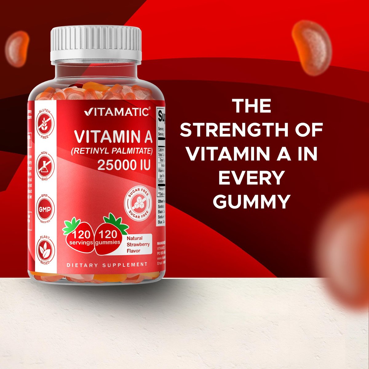 Vitamatic Vitamin A 25.000 IE Gummibärchen – Zuckerfrei mit Retinylpalmitat – 1 Gummibärchen täglich, 120 Portionen – Hochdosierte Vitamin-A-Unterstützung – Natürlicher Erdbeergeschmack – Auf Pektinbasis – 120 Stück