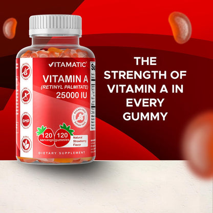 Vitamatic Vitamin A 25.000 IE Gummibärchen – Zuckerfrei mit Retinylpalmitat – 1 Gummibärchen täglich, 120 Portionen – Hochdosierte Vitamin-A-Unterstützung – Natürlicher Erdbeergeschmack – Auf Pektinbasis – 120 Stück