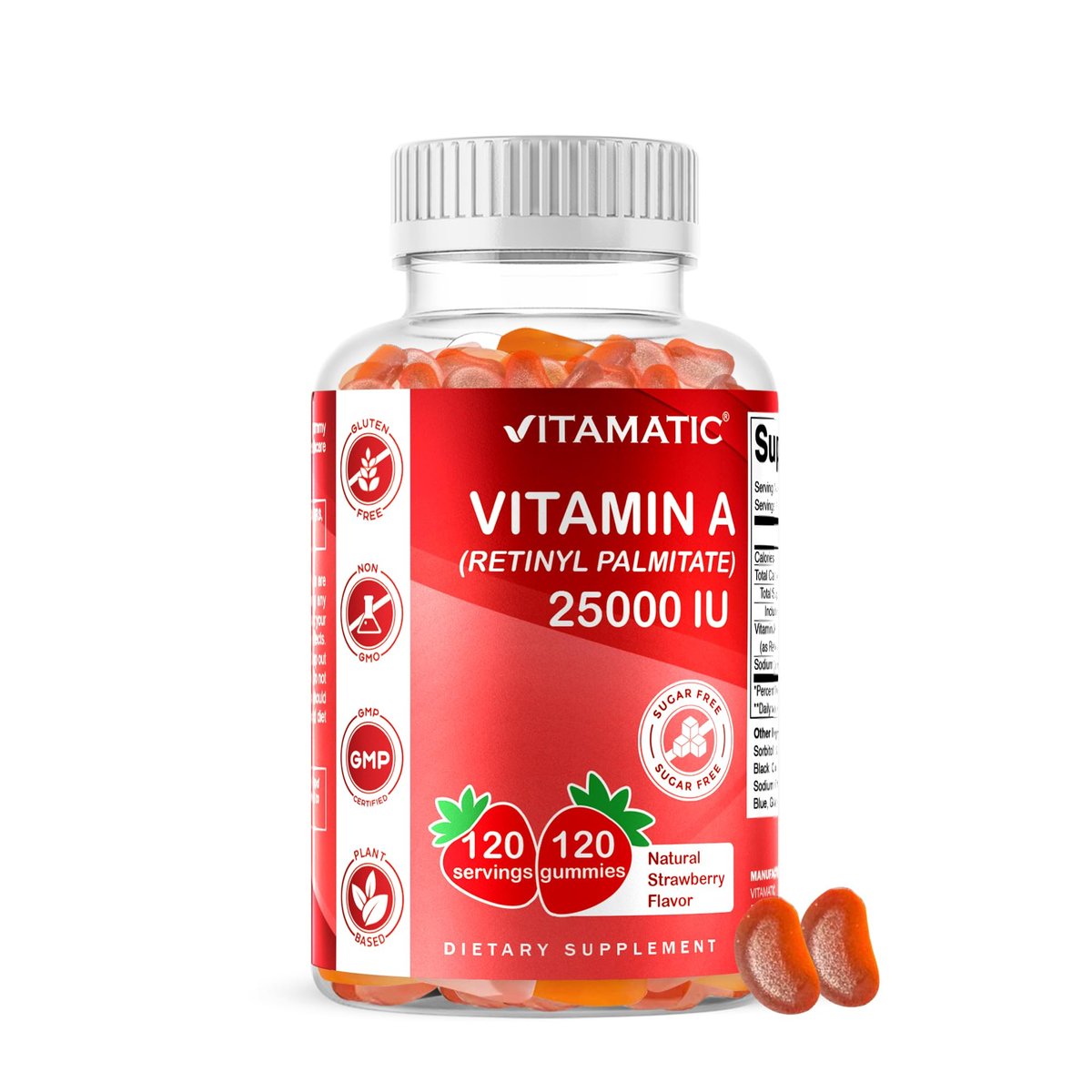 Vitamatic Vitamin A 25.000 IE Gummibärchen – Zuckerfrei mit Retinylpalmitat – 1 Gummibärchen täglich, 120 Portionen – Hochdosierte Vitamin-A-Unterstützung – Natürlicher Erdbeergeschmack – Auf Pektinbasis – 120 Stück