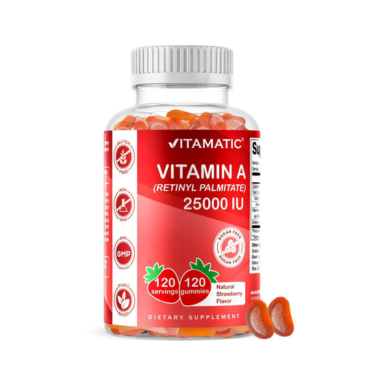 Vitamatic Vitamin A 25.000 IE Gummibärchen – Zuckerfrei mit Retinylpalmitat – 1 Gummibärchen täglich, 120 Portionen – Hochdosierte Vitamin-A-Unterstützung – Natürlicher Erdbeergeschmack – Auf Pektinbasis – 120 Stück