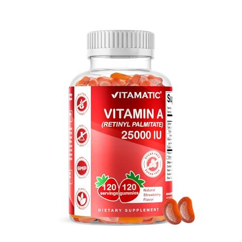 Vitamatic Vitamin A 25.000 IE Gummibärchen – Zuckerfrei mit Retinylpalmitat – 1 Gummibärchen täglich, 120 Portionen – Hochdosierte Vitamin-A-Unterstützung – Natürlicher Erdbeergeschmack – Auf Pektinbasis – 120 Stück