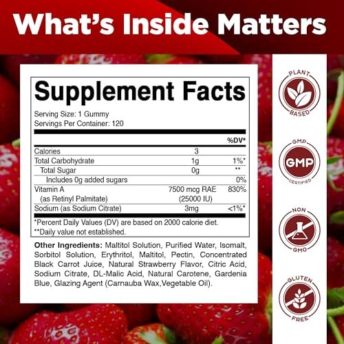 Vitamatic Vitamin A 25.000 IE Gummibärchen – Zuckerfrei mit Retinylpalmitat – 1 Gummibärchen täglich, 120 Portionen – Hochdosierte Vitamin-A-Unterstützung – Natürlicher Erdbeergeschmack – Auf Pektinbasis – 120 Stück