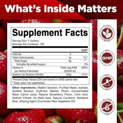 Vitamatic Vitamin A 25.000 IE Gummibärchen – Zuckerfrei mit Retinylpalmitat – 1 Gummibärchen täglich, 120 Portionen – Hochdosierte Vitamin-A-Unterstützung – Natürlicher Erdbeergeschmack – Auf Pektinbasis – 120 Stück