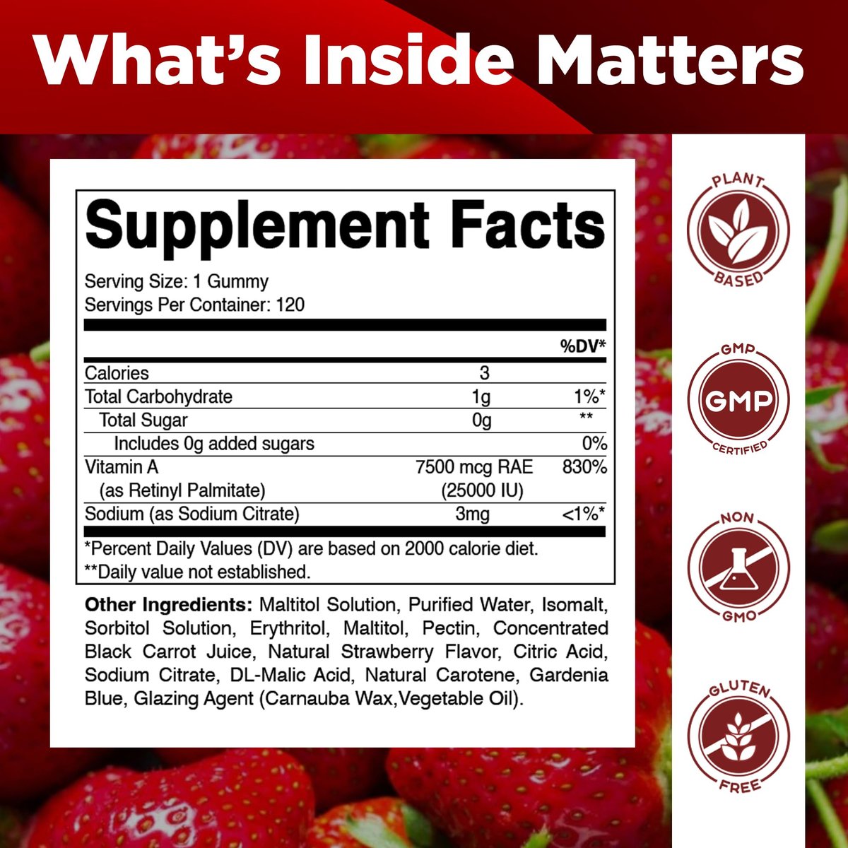 Vitamatic Vitamin A 25.000 IE Gummibärchen – Zuckerfrei mit Retinylpalmitat – 1 Gummibärchen täglich, 120 Portionen – Hochdosierte Vitamin-A-Unterstützung – Natürlicher Erdbeergeschmack – Auf Pektinbasis – 120 Stück