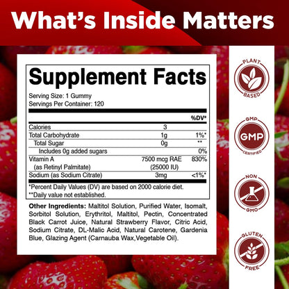 Vitamatic Vitamin A 25.000 IE Gummibärchen – Zuckerfrei mit Retinylpalmitat – 1 Gummibärchen täglich, 120 Portionen – Hochdosierte Vitamin-A-Unterstützung – Natürlicher Erdbeergeschmack – Auf Pektinbasis – 120 Stück