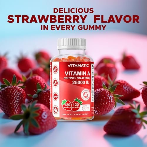 Vitamatic Vitamin A 25.000 IE Gummibärchen – Zuckerfrei mit Retinylpalmitat – 1 Gummibärchen täglich, 120 Portionen – Hochdosierte Vitamin-A-Unterstützung – Natürlicher Erdbeergeschmack – Auf Pektinbasis – 120 Stück