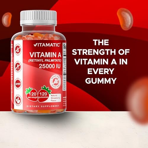 Vitamatic Vitamin A 25.000 IE Gummibärchen – Zuckerfrei mit Retinylpalmitat – 1 Gummibärchen täglich, 120 Portionen – Hochdosierte Vitamin-A-Unterstützung – Natürlicher Erdbeergeschmack – Auf Pektinbasis – 120 Stück