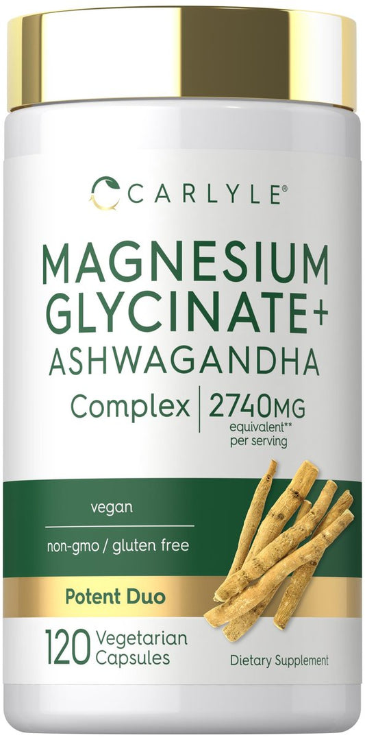 Carlyle Magnesium Glycinat mit Ashwagandha | 120 vegane Kapseln | Potentes Duo | Nahrungsergänzungsmittel