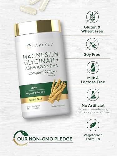 Carlyle Magnesium Glycinat mit Ashwagandha | 120 vegane Kapseln | Potentes Duo | Nahrungsergänzungsmittel