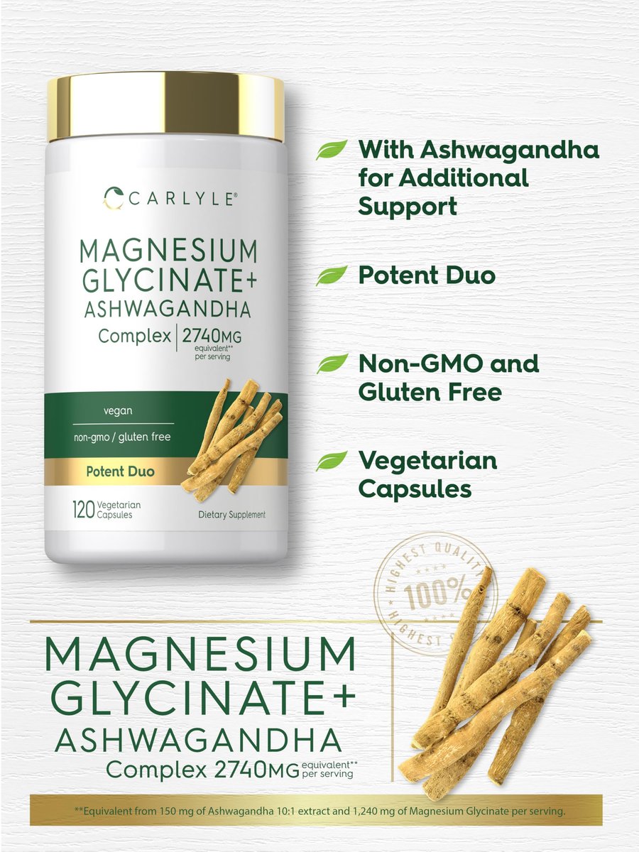 Carlyle Magnesium Glycinat mit Ashwagandha | 120 vegane Kapseln | Potentes Duo | Nahrungsergänzungsmittel