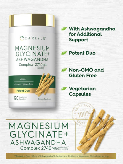 Carlyle Magnesium Glycinat mit Ashwagandha | 120 vegane Kapseln | Potentes Duo | Nahrungsergänzungsmittel