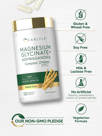 Carlyle Magnesium Glycinat mit Ashwagandha | 120 vegane Kapseln | Potentes Duo | Nahrungsergänzungsmittel