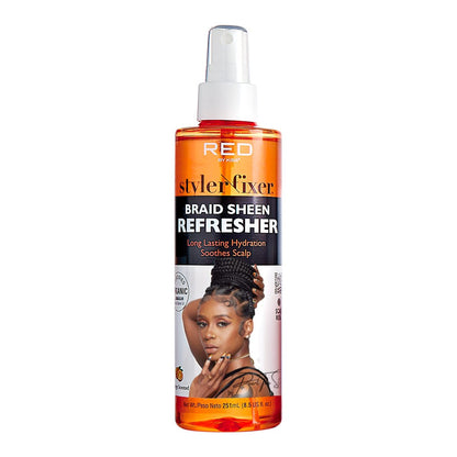 Red by Kiss Braid Sheen Refresher Spray – Lang anhaltende Feuchtigkeit für Zöpfe und Locken, höchster Glanz, beruhigt die Kopfhaut, pflegt trockenes, krauses Haar, angereichert mit zertifiziertem Bio-Jamaika-Schwarz-Rizinusöl, 8,5 ml