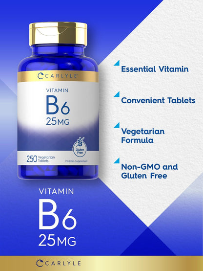 Carlyle Vitamin B6 25 mg | 250 Tabletten | Nahrungsergänzung für Frauen und Männer | als Pyridoxinhydrochlorid | Vegetarisch, Nicht-GVO, Glutenfrei