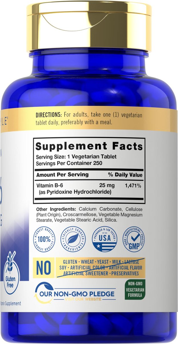 Carlyle Vitamin B6 25 mg | 250 Tabletten | Nahrungsergänzung für Frauen und Männer | als Pyridoxinhydrochlorid | Vegetarisch, Nicht-GVO, Glutenfrei