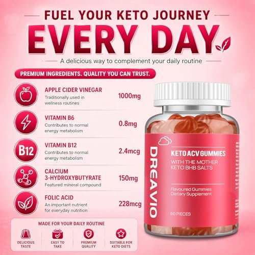 DREAVIO 1000 mg Zuckerfreie Apfelessig Gummis | 120 Stück Keto ACV Gummis zur Gewichtsabnahme, Veganer Apfelessig mit Mother für Erwachsene, Frauen & Männer, 2-Monatsvorrat