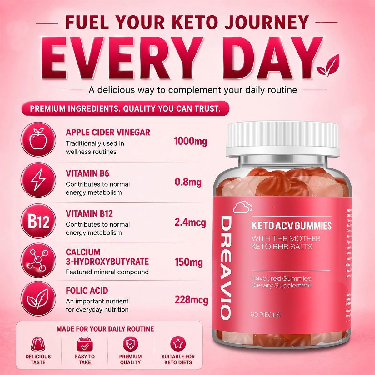 DREAVIO 1000 mg Zuckerfreie Apfelessig Gummis | 120 Stück Keto ACV Gummis zur Gewichtsabnahme, Veganer Apfelessig mit Mother für Erwachsene, Frauen & Männer, 2-Monatsvorrat