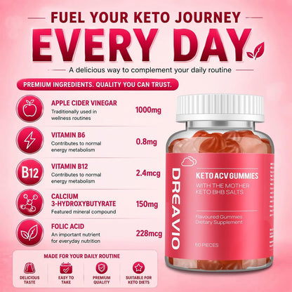 DREAVIO 1000 mg Zuckerfreie Apfelessig Gummis | 120 Stück Keto ACV Gummis zur Gewichtsabnahme, Veganer Apfelessig mit Mother für Erwachsene, Frauen & Männer, 2-Monatsvorrat