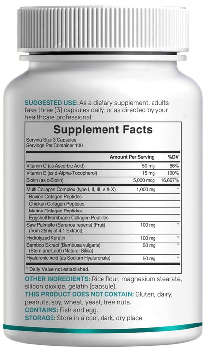 Multi-Kollagen-Pillen für Frauen & Männer mit Vitamin C, E & Biotin – 300 Kapseln – Typ I, II, III, V, X hydrolysierte Kollagenpeptide – 11-in-1 Formel mit Sägepalme, Bambus-Silica & Hyaluronsäure