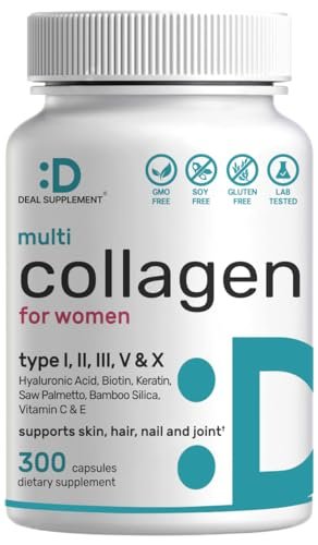 Multi-Kollagen-Pillen für Frauen & Männer mit Vitamin C, E & Biotin – 300 Kapseln – Typ I, II, III, V, X hydrolysierte Kollagenpeptide – 11-in-1 Formel mit Sägepalme, Bambus-Silica & Hyaluronsäure