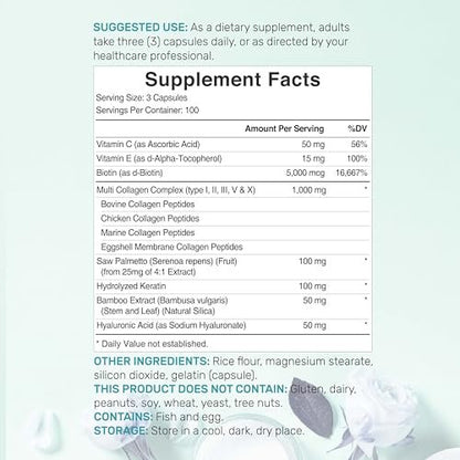 Multi-Kollagen-Pillen für Frauen & Männer mit Vitamin C, E & Biotin – 300 Kapseln – Typ I, II, III, V, X hydrolysierte Kollagenpeptide – 11-in-1 Formel mit Sägepalme, Bambus-Silica & Hyaluronsäure